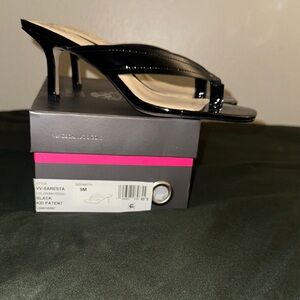 Vince Camuto Saresta black kid patent leather sandals.